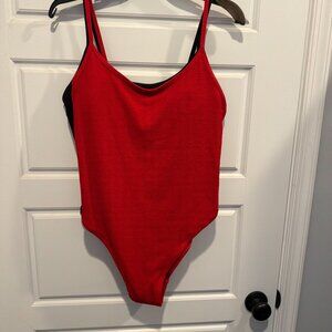 (2) H&M Women's Ribbed Textured One Piece Swimsuit, Black/Red, Large